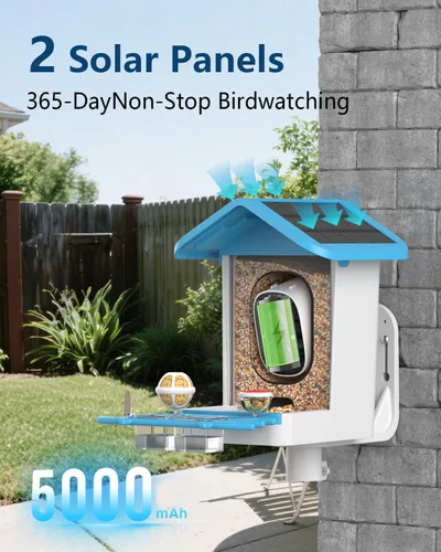 Vista 7 de Comedero inteligente para pájaros con cámara, video HD 2K, IA identifica especies de pájaros alimentado por energía solar, videos de captura