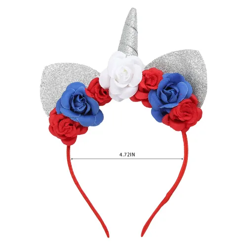Vista 5 de Madison Tyler Diadema de unicornio con purpurina plateada, bandas para la cabeza de orejas de gato para mujeres y niñas, flores rojas, blancas