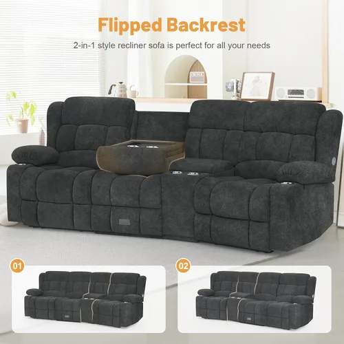 Vista 5 de Dresegmt - Juego de sofá reclinable con consola, diseño de respaldo central abatible, sofá de 3 plazas y sillón reclinable individual, sofás Gris