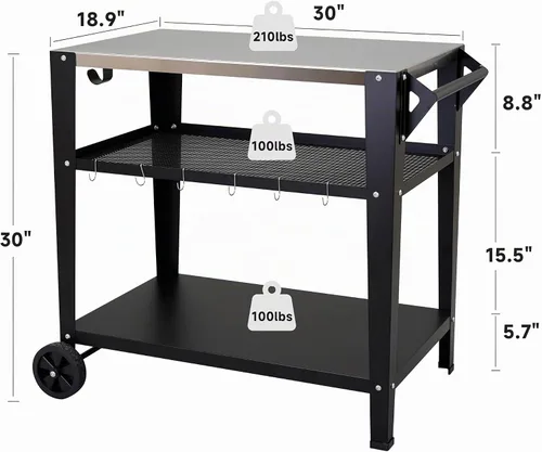 Vista 3 de LEETOLLA Carrito de parrilla de acero inoxidable para exteriores con ruedas, mesa de preparación de barbacoa de 3 niveles resistente para horno