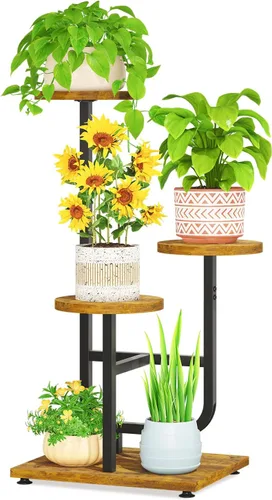 Vista 19 de LASZOLA Soporte para plantas de 5 niveles alto de madera y metal para interiores para macetas de servicio pesado, estante vertical grande
