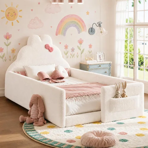 Vista 24 de Cama de suelo tapizada de tamaño matrimonial con valla y bolsillos, cama de Cama de suelo tapizada de tamaño matrimonial con listones y cabecero