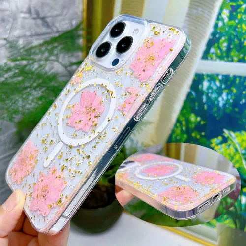 Vista 7 de Abbery Funda magnética para iPhone 14 Pro Max de 6.7 pulgadas, compatible con MagSafe Cute Clear with Design Glitter Sparkle Real Dry Pressed Flower