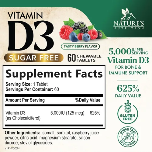 Vista 2 de Vitamina D3 5000 UI (125 mcg) por porción, vitamina D extra fuerte masticable para apoyo inmunológico, suplementos para huesos, dientes y músculos