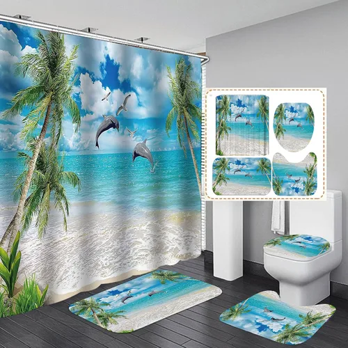 Vista 9 de OLEBETY - Juego de 4 cortinas de ducha con diseño de delfín, medusas de peces tropicales, algas marinas, vida marina, animales marinos, decoración