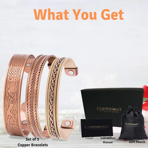 Vista 3 de Pulseras de cobre para hombres y mujeres Juego de 3 con caja de regalo Hecho a mano 100% cobre Regalo para mujeres y hombres