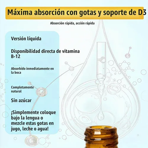 Vista 4 de Gotas líquidas de vitamina B12 sublinguales de 10,000 mcg, fórmula única con D3, B9 (ácido fólico), calcio, energía de apoyo, corazón, estado