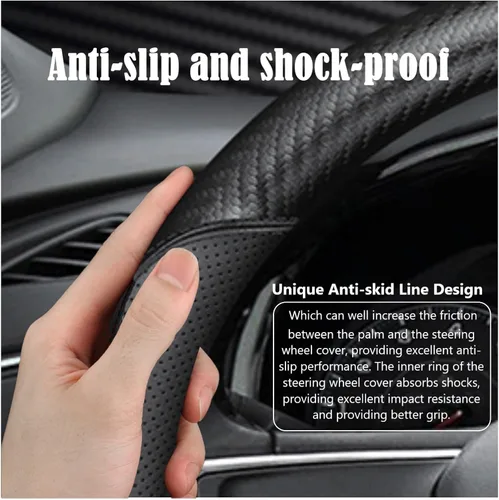 Vista 3 de Funda negra para volante de automóvil, compatible con Honda, de piel fina de napa premium, textura de fibra de carbono, 14 pulgadas, para Honda