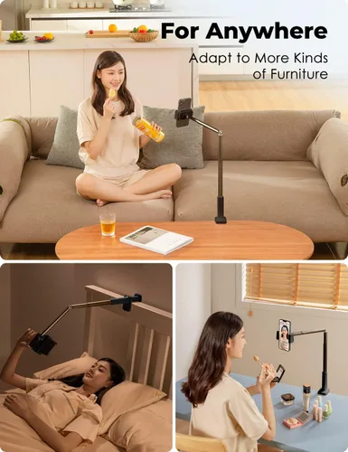 Vista 6 de Viozon Soporte para teléfono, brazo largo flexible, montaje superior, ángulo ajustable de 360°, aleación de aluminio, abrazadera C para cabecero
