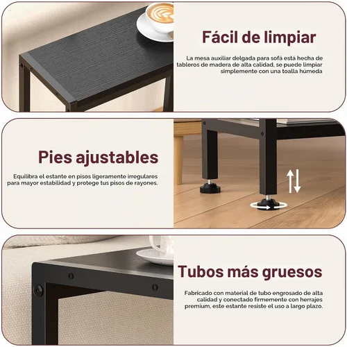 Vista 7 de Mesa auxiliar estrecha para espacios pequeños, mesa auxiliar delgada de 2 niveles, mesita de noche delgada, mesa de sofá delgada para aperitivos