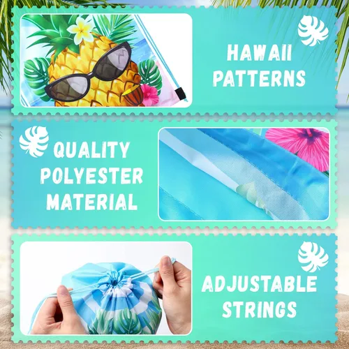 Vista 3 de Frienda 24 bolsas hawaianas para recuerdos de fiesta hawaiana Aloha con cordón, mochila tropical de flamenco, bolsas de regalo para cumpleaños