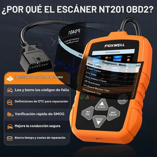 Vista 2 de FOXWELL NT201 Escáner OBD2 Lector de Códigos para Automóviles y Camiones - Reinicia la Luz de Verificación del Motor, Lee y Borra Códigos de Falla