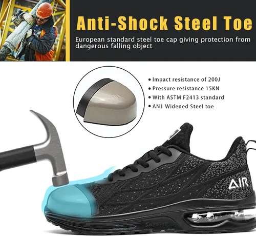 Vista 2 de HiHatide - Zapatos con punta de acero para hombre, zapatos de trabajo, zapatos de seguridad, con amortiguación de aire, ligeros, antideslizantes
