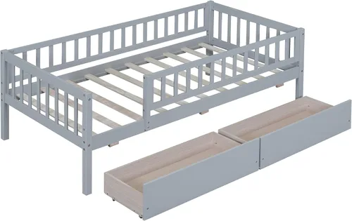 Vista 3 de Sofá cama de madera de tamaño individual, sofá cama de madera de mediados de siglo con dos cajones y listones de madera maciza, marco de sofá cama