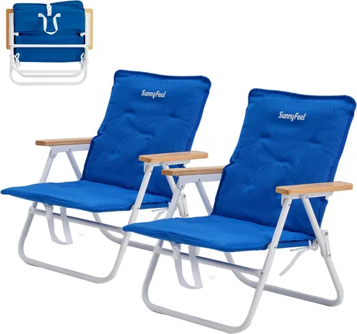 Vista 10 de SUNNYFEEL Silla de playa plegable, respaldo de silla de playa con reposabrazos y cojín de madera, silla de campamento ligera resistente para playa