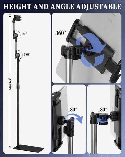Vista 3 de SHUWEI Soporte de suelo para tableta con engranajes helicoidales de doble autobloqueo, soporte de piso para iPad de 63 pulgadas de altura ajustable