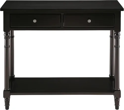 Vista 9 de SFZ-004BK - Mesa de entrada de madera maciza con 2 cajones, mesa de sofá decorativa con estante de almacenamiento, mesa de entrada estrecha