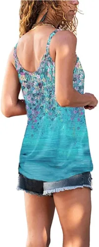 Vista 5 de Janepam Camisola de verano para mujer, estampado floral, bohemio, étnico, sin mangas, tirantes delgados, blusa sin mangas