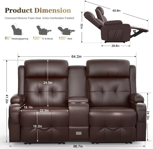 Vista 3 de Sofá de Dos Plazas Reclinable, Sofá Reclinable de Masaje con Gran Capacidad de Peso, Silla de Dos Plazas para RV en Liquidación con Consola, USB