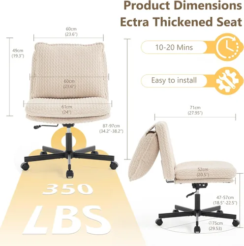 Vista 2 de Fizzin Silla cruzada sin brazos, con ruedas cruzadas, asiento de espuma viscoelástica con cojín de respaldo abatible, silla giratoria de respaldo