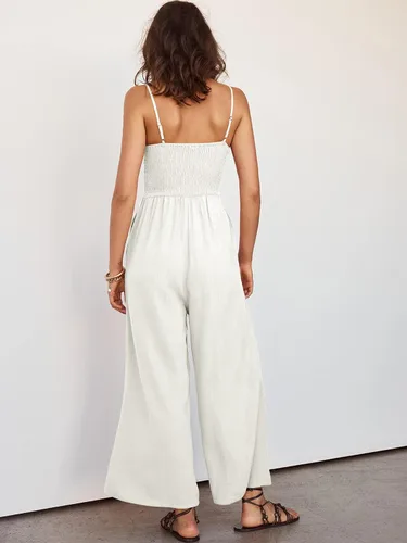 Vista 6 de ANRABESS - Mono de verano con recorte, tirantes delgados para mujer, cuello en V, cintura alta, fruncida, pierna ancha, con bolsillos