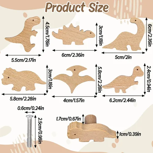 Vista 2 de Whaline 6 pomos de madera de dinosaurio con tornillos decorativos con temática de dinosaurio, pomos de tocador de madera natural, pomo de muebles