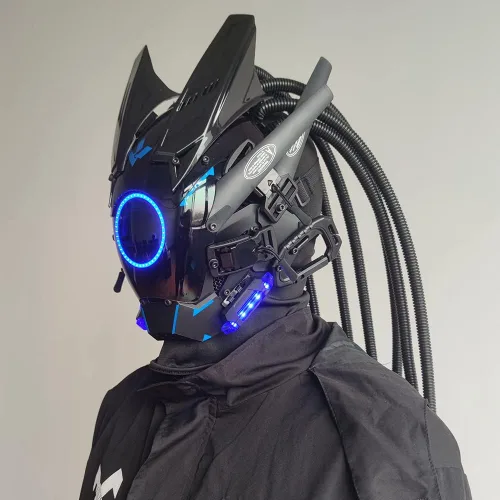 Vista 4 de KYEDAY Máscara punk cosplay para hombres, luz redonda con trenzas máscara Cosplay Halloween Fit fiesta festival música accesorios