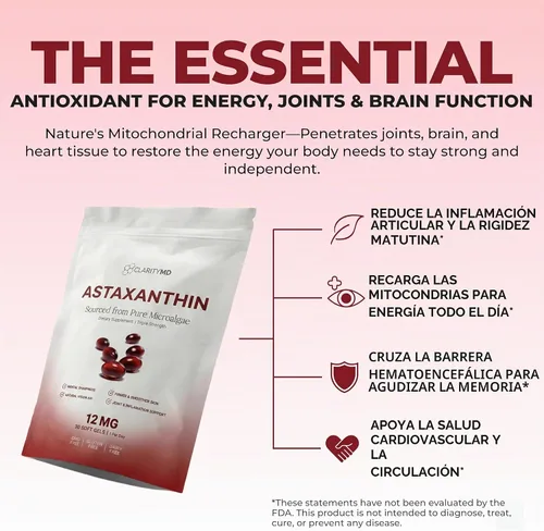 Vista 4 de Astaxantina Suplemento antioxidante de 12 mg – Fuente natural de microalgas – Softgel a base de lípidos para una mayor absorción – Apoyo cognitivo