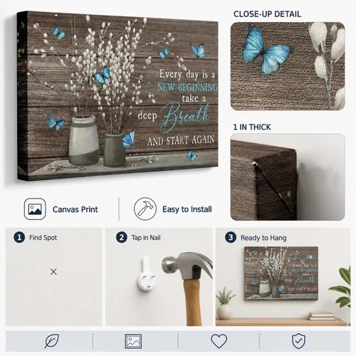 Vista 4 de Arte de pared de lienzo para baño estilo granja, vintage, rústico, país, flor, mariposa azul, pintura, imagen, decoración de pared, Cada día es un