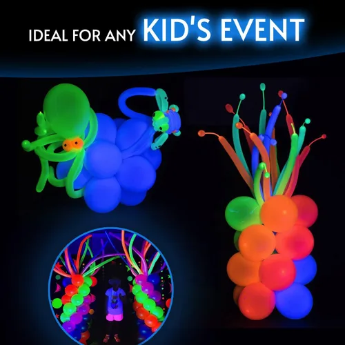 Vista 6 de Glow King Globos de neón para atar – Globos de fiesta fluorescentes que brillan en neón para atar animales de globo, suministros de fiesta reactivos