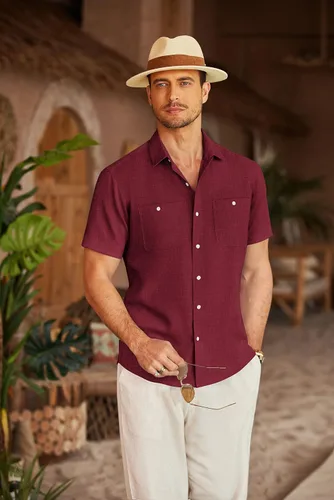 Vista 2 de COOFANDY Mens Linen Shirts Beach Casual Button Down Short Sleeve Shirt Summer
