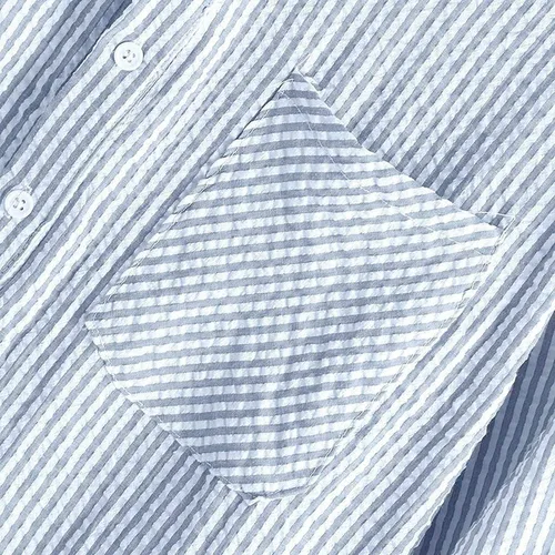 Vista 6 de Camisa Henley de lino a rayas para hombre, estilo vintage, con bolsillo, manga 34, con medio botón, ajuste holgado, estilo hippie, Azul Patchwork, M