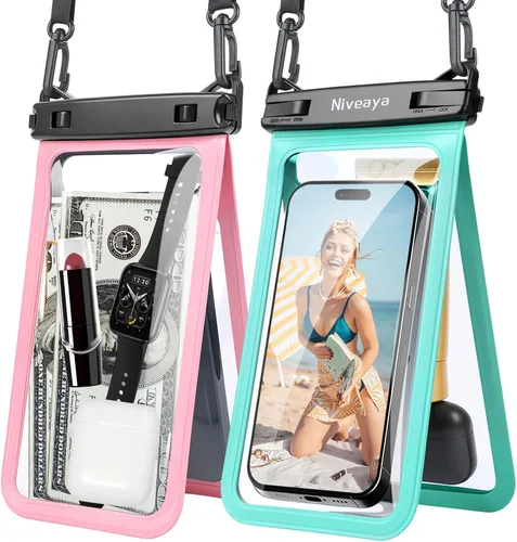 Vista 15 de Niveaya Bolsa impermeable para teléfono con doble espacio - 2 unidades, funda impermeable con cordón para iPhone 16/15/14/13/12 Pro Max hasta 8.3