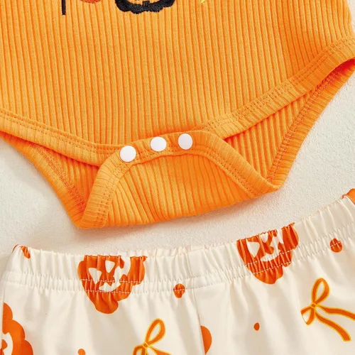 Vista 6 de Conjunto de mameluco de manga larga con volantes para bebé niña con parte superior acampanada y pantalones de mezclilla