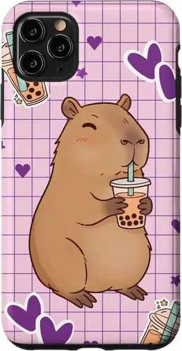 Vista 13 de Funda Kawaii Anime Capybara Beber Boba Bubble Tea Kids Girls para iPhone 17