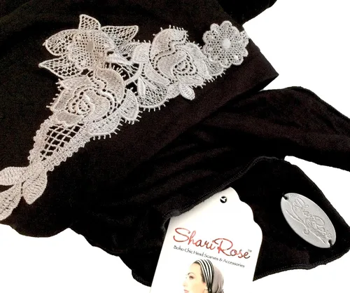 Vista 2 de Boho Chic Negro Gris Beige head-scarf Tichel adornados con Fancy apliques florales