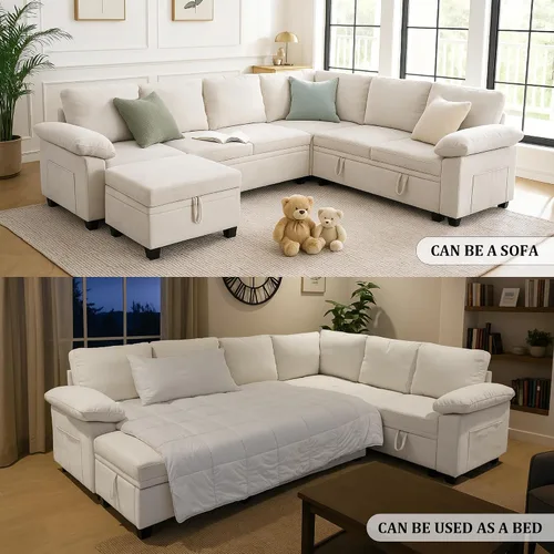 Vista 6 de 108" sofá seccional modular del durmiente, forma de L sacó el sofá cama con Beige