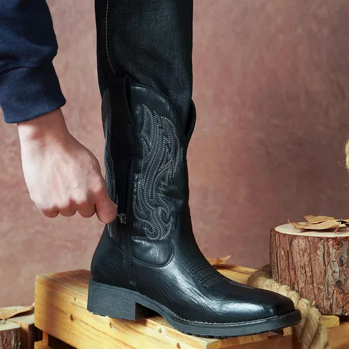 Vista 2 de Jousen Botas Vaqueras para Hombres con Bordado, Botas Occidentales Retro de Punta Cuadrada para Hombre, Botas Vaqueras Para Hombre