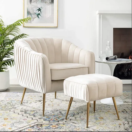 Vista 7 de Silla de Acento de Terciopelo, Silla Moderna de Barril, Sillas con Brazos para Sala de Estar y Dormitorio, Acabado Dorado, Beige
