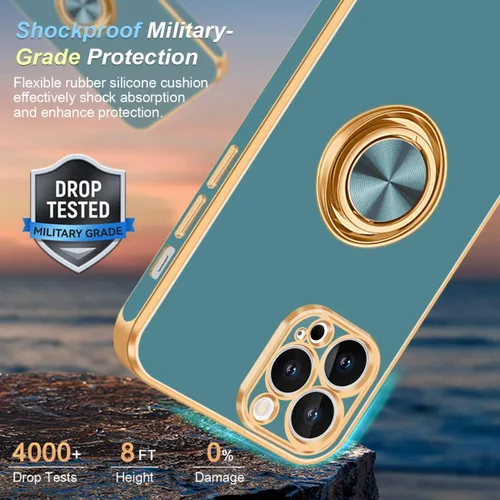 Vista 3 de Fingic Funda para iPhone 12 Pro Max [con soporte de anillo de 360°] [soporte magnético para tarjeta] [soporte de anillo giratorio] [borde dorado]
