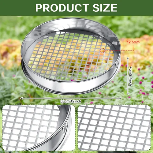 Vista 2 de Youyole Tamiz de suelo de 11.81 pulgadas para jardinería, arena y jardín, tamiz de suciedad para rocas, acero inoxidable, tamiz de acertijo