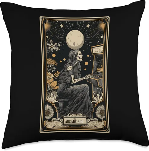 Vista 4 de The Arcade Girl Retro Arcade Gaming 80s Tarot Card Skeleton Throw Pillow