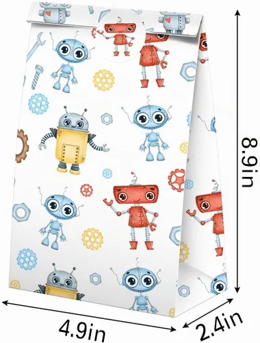 Vista 2 de BonBeeDesign 24 bolsas de dulces con calcomanías para fiestas de robots, bolsas de regalo de robot, suministros para fiestas de cumpleaños