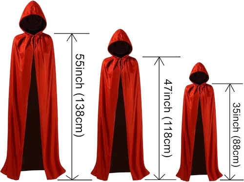 Vista 5 de OurLore Disfraz reversible de capa para fiesta de máscaras, Halloween, Navidad, color negro y rojo (35 pulgadas, con capucha)