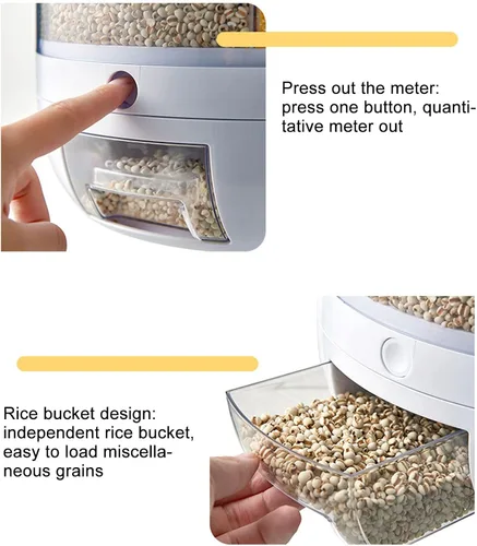 Vista 6 de Kufoo - Contenedor de almacenamiento de arroz y granos de 6 rejillas, dispensador de cereales giratorio de 360° con tapa, resistente a la humedad