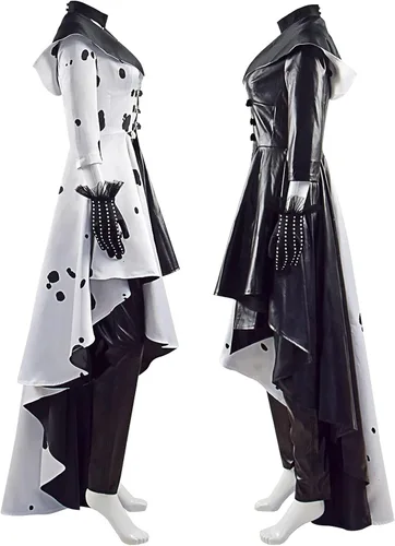 Vista 4 de Cruella Cosplay abrigo vestido mujer dálmata chaqueta pantalón falda traje malvado diablo Halloween traje negro blanco traje niña