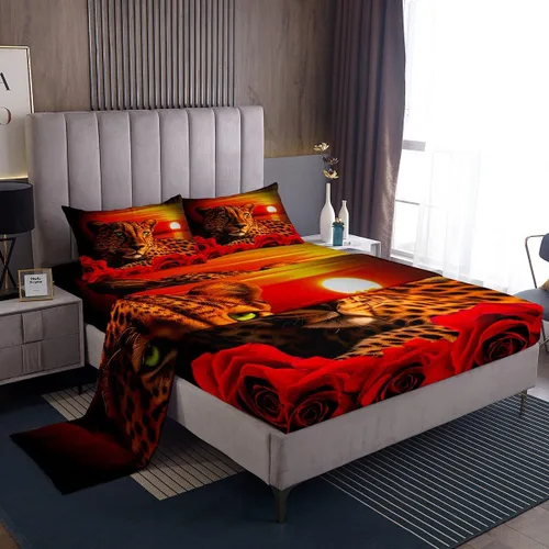 Vista 41 de Erosebridal Sábanas de cama de guepardo con rosa roja, juego de sábanas de bolsillo profundo con estampado de leopardo y gato, sábana bajera