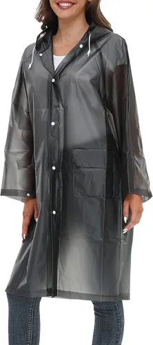 Vista 2 de Chubasqueros para mujeres y hombres, reutilizables, portátiles, impermeables, EVA, largos ponchos de lluvia con capuchas Negro