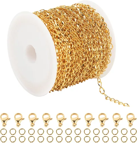 Vista 8 de UMAOKANG Cadenas chapadas en oro de 33 pies para fabricación de joyas, carrete de eslabones de cadena de cable plano para manualidades, aretes