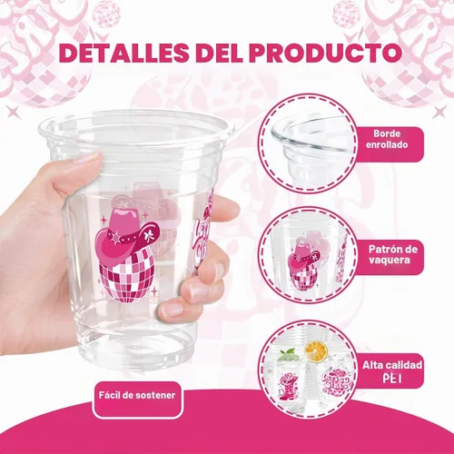 Vista 3 de 100 Piezas Vasos de Plástico Rosa Fiesta Vaquera Occidental 12 OZ Vasos Desechables Disco, Diseños de Sombrero Vaquero, Bota y Bola Disco